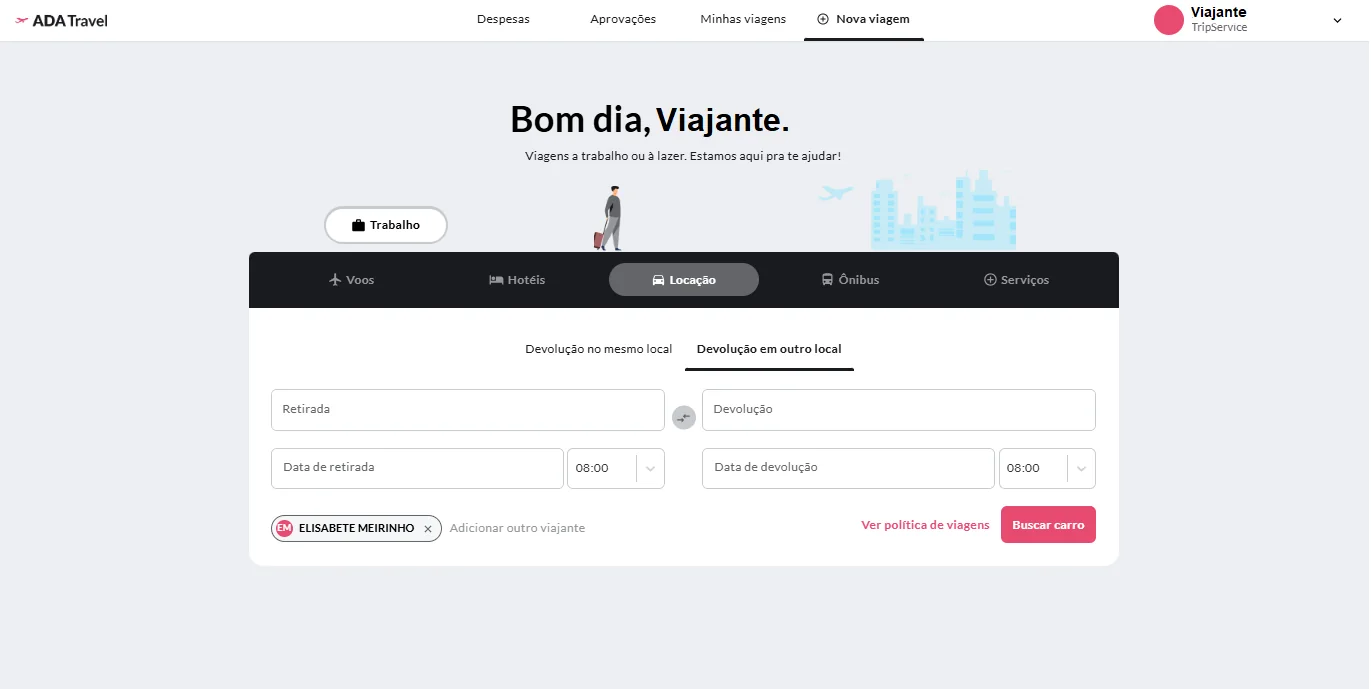 Busca de carros com a opção Devolução em outro local.
