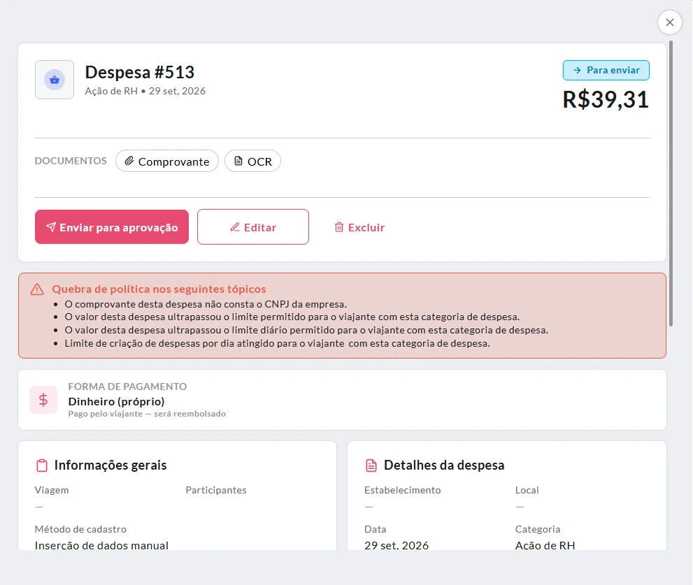 Despesa com o aviso de quebra de política: o comprovante não consta o CNPJ da empresa.
