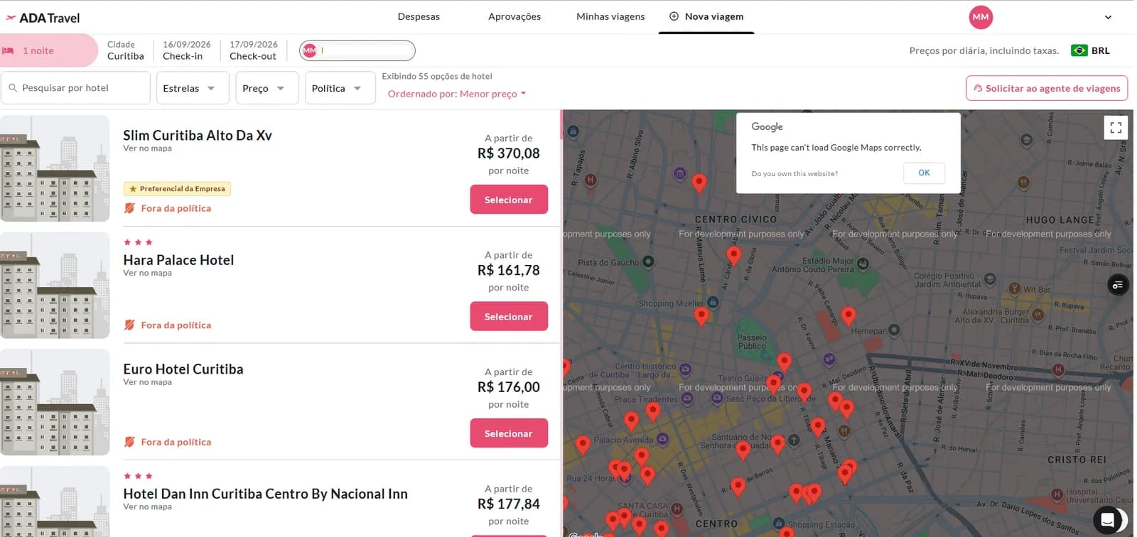 Resultados de hotéis com o selo Preferencial da Empresa e o mapa.
