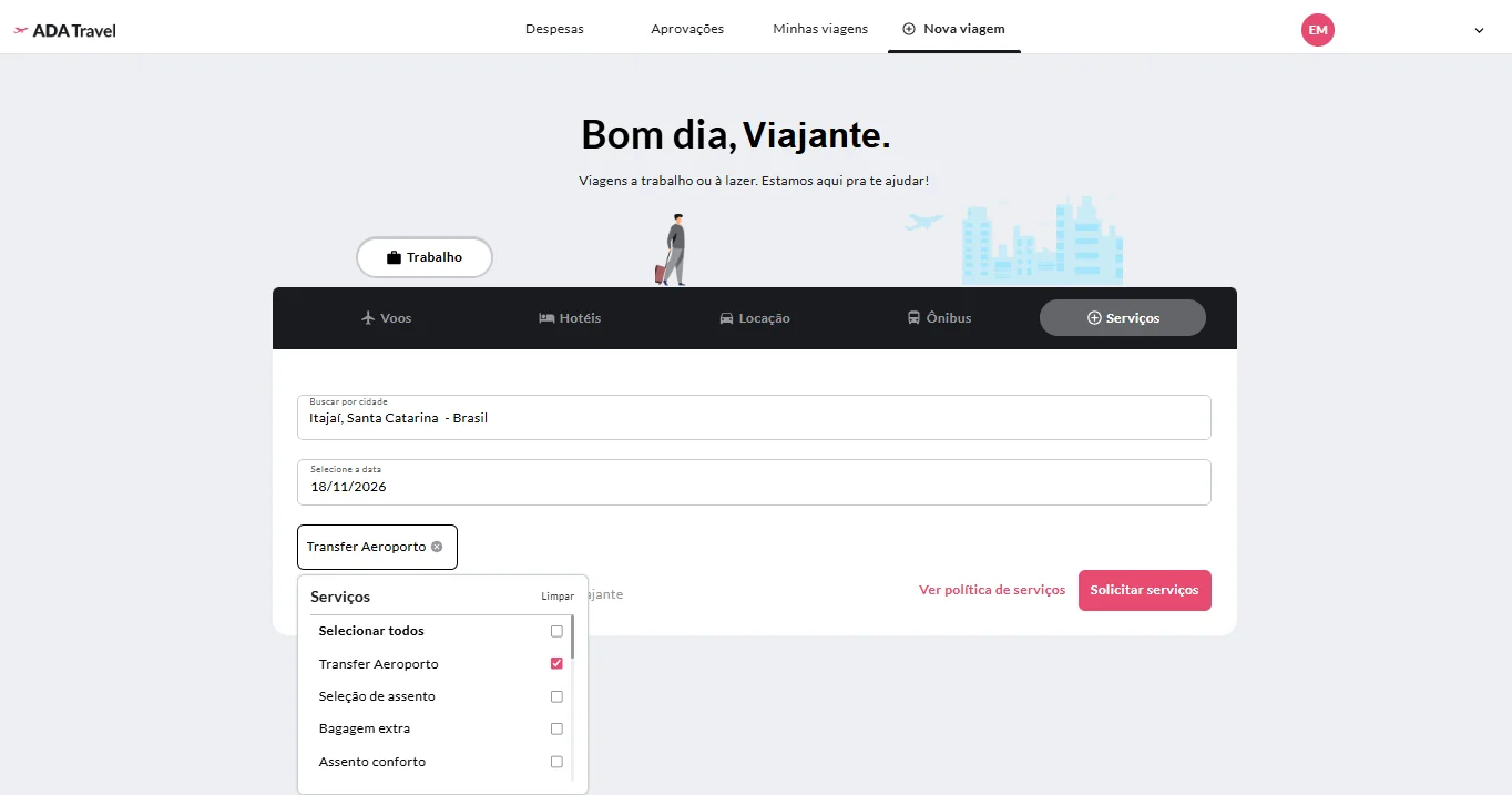 Busca de serviços com transfer, seleção de assento, bagagem extra e assento conforto.