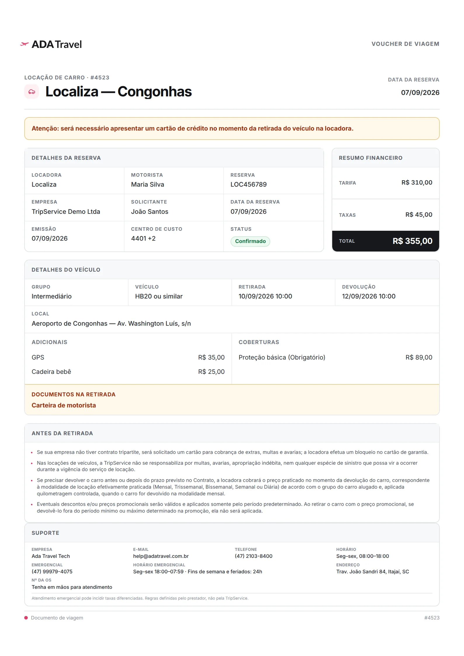 Novo voucher de locação de carro.